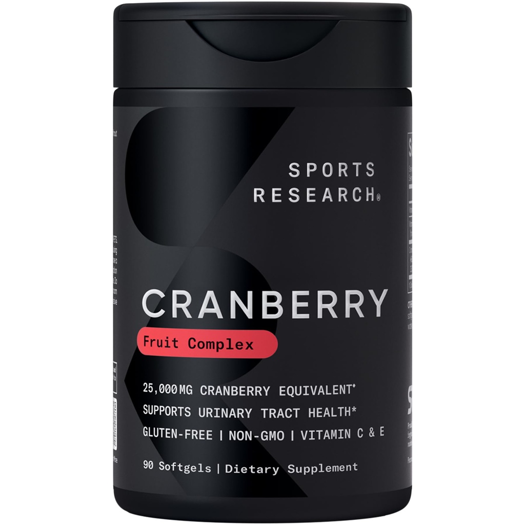 Sports Research Cranberry Fruit Complex - Softgels for Urinary Tract Health Support - Equal to 25,000mg of Cranberries, Made with Pacran & Vitamins C & E - Non- GMO & Gluten Free - 90 Count