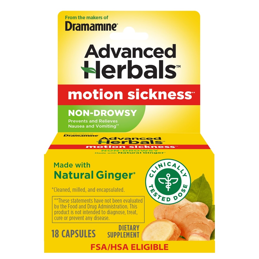 Od Makers of Dramamin, Pokročilé Herbals, Non- Drowsy, Motion Nemoci Relief, Made with Natural Ginger, 18 Počet