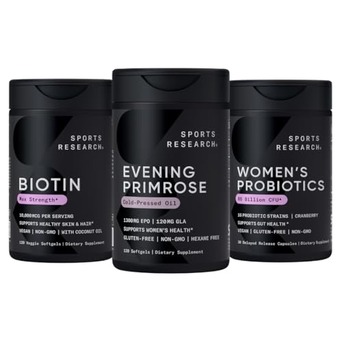 Sportovní výzkum Večer Primrose dodatek z Cold Pressed Oil, Vegan Biotin 10,000mcg s Coconut Oil & Women 's Probiotics s Prebiotics, 65 miliard CFU