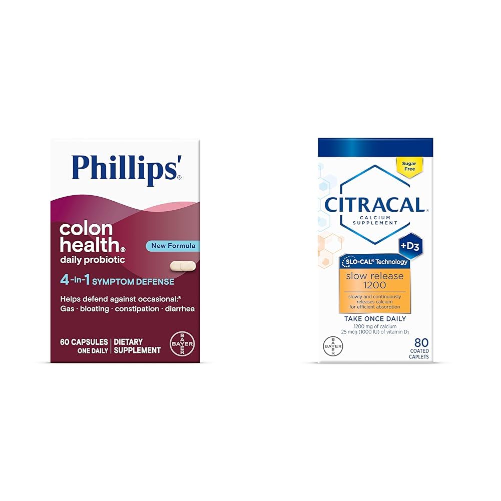 Phillips 'Colon Health Daily Probiotic Capsules, 4- in-1 Symptom Defense & Citracal Slow Release 1200, 1200 mg vápníku Citrát a uhličitan vápenatý Směs