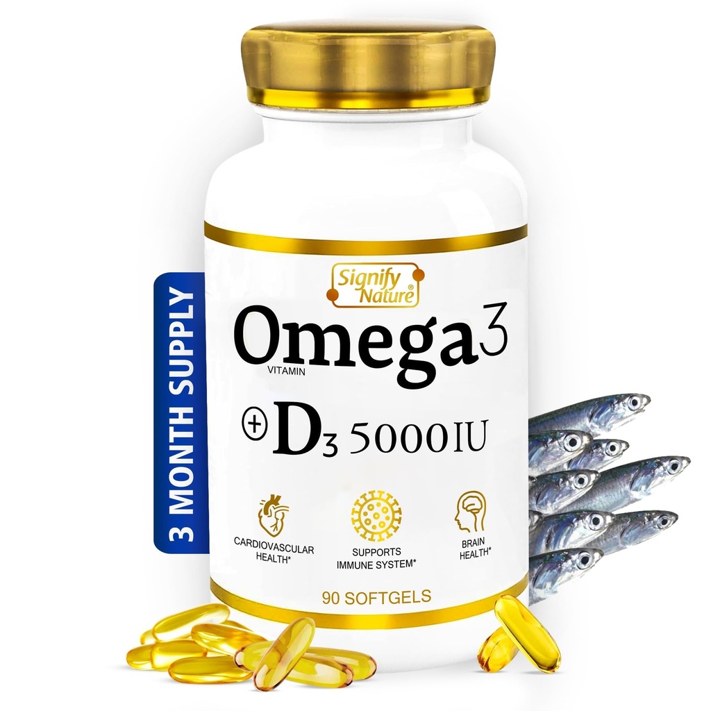 SIGNIFY NATURE Omega 3 dodatek k rybím oleji s vitaminem D3 5000 IU - 1000mg Triglyceridové kapsle pro zdraví mozku - Omega3 EPA DHA + VIT D 3-90CT