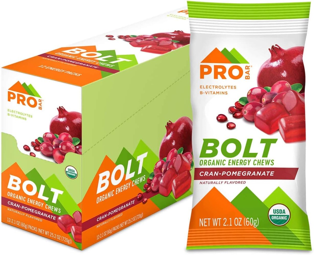 PROBAR - BOLT Organic Energy Chews, Cranberry Granate, Non- GMO, gluten- Free, USDA Certified Organic, Health, Natural Energy, Fast Fuel Gummies with Vitamins B & C (12 Count)