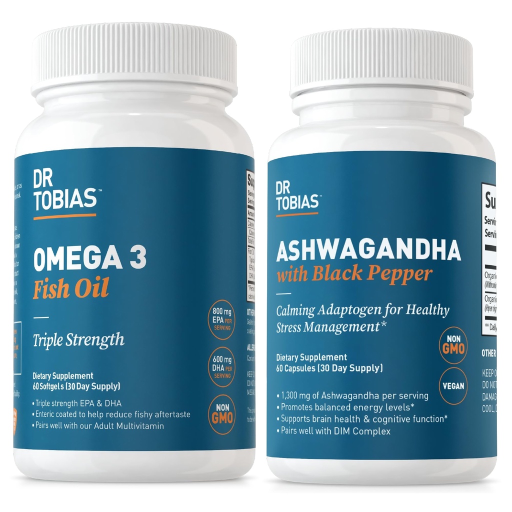Dr. Tobias Omega 3 Rybí olej a Ashwagandha Kapsle, Podpora Celková Wellness & Vyvážená energie & Odpočinek, Non- GMO
