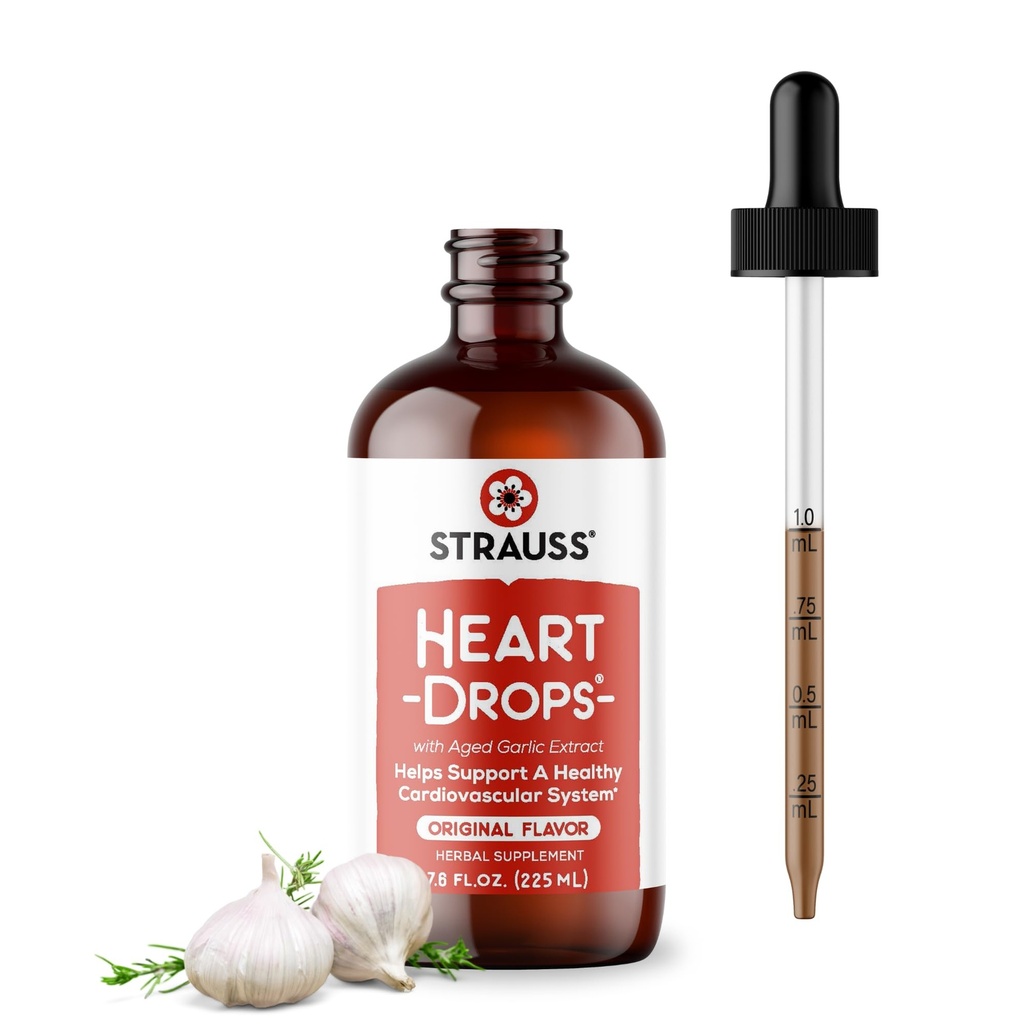 Strauss Naturals Heart Drops - Natural Mistetoe & Aged Garlic Extract Heart Health Supplementary - Pomáhá udržovat zdravý kardiovaskulární systém - Vegan & Non- GMO - 225 ml láhev