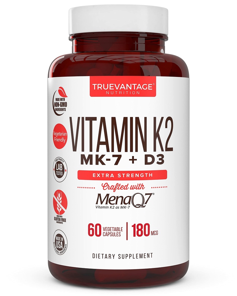 Vitamin K2 D3 dodatek 5000 IU D3 a 180 mcg Vitamin k2 MK7 dodatek pro zdravé kosti, zdravé srdce a kardiovaskulární zdraví -60 Snadno spolknout Rostlinné čepice MenaQ7 K2 MK7