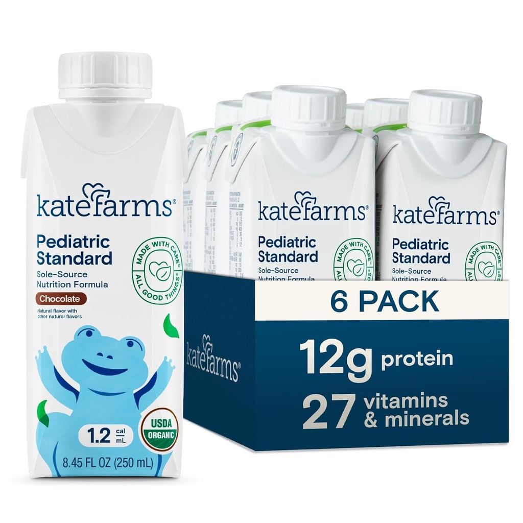 KATE FARMS Organic Pediatric 1.2 High Calorie Chocolate Nutrition Shake, 12g Protein, 27 Vitamíny a minerály, náhrada jídla, 8.45 oz (6 balení)