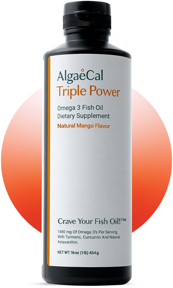 ALGAECAL Triple Power 1200mg EPA & DHA Omega 3 Rybí olej dodatek, Podpůrné mozek, srdce, kůže & kosti, tekuté emulzní mango chuť, Burp- méně, Sugar- Free, Made in USA