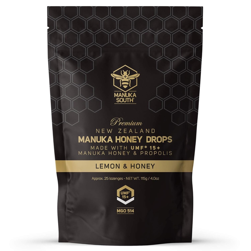Manuka Honey Drops UMF 15 + / MGO 514 + & Propolis Drops Made in New Zealand - Přírodní přísady - Soothing Drops - Lemon & Honey Flavor - 25 Drops