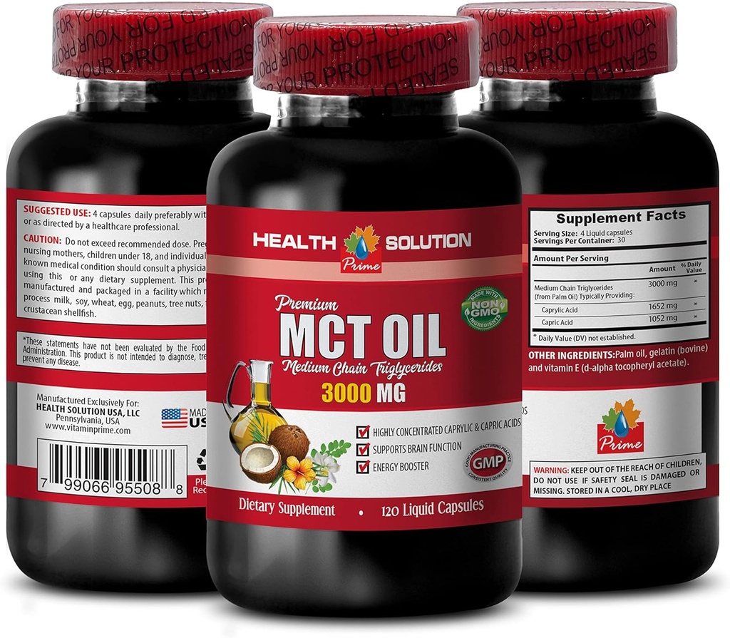 Příslušenství pro podporu energie - MCT Oil 3600MG, 100% čisté, střední řetězce triglyceridy - mct Oil Made with Coconut Oil, mtt Oil for Memory, mtt Oil for Brain, mtt Coconut Oil - 1B 120Soft
