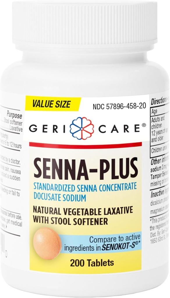 GeriCare Senna Plus Natural Laxative s přípravkem Stool Softener, Docusate Sodná 50 mg, Sennosids 8, 6 mg, 200 tablet (balení po 1)