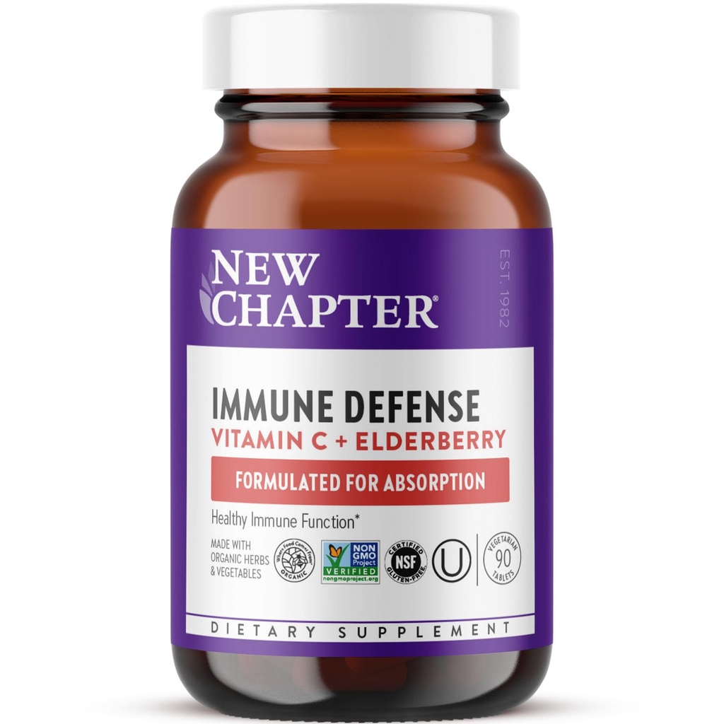 Nová kapitola ® vitamín C doplněk imunitní obrany + Elderberry - Výborný zdroj vitaminu C, Jedna denně Tablet pro zdravou imunitní podporu, Vyrobeno s organickými byliny, Non- GMO, Lepek zdarma, 90 ct