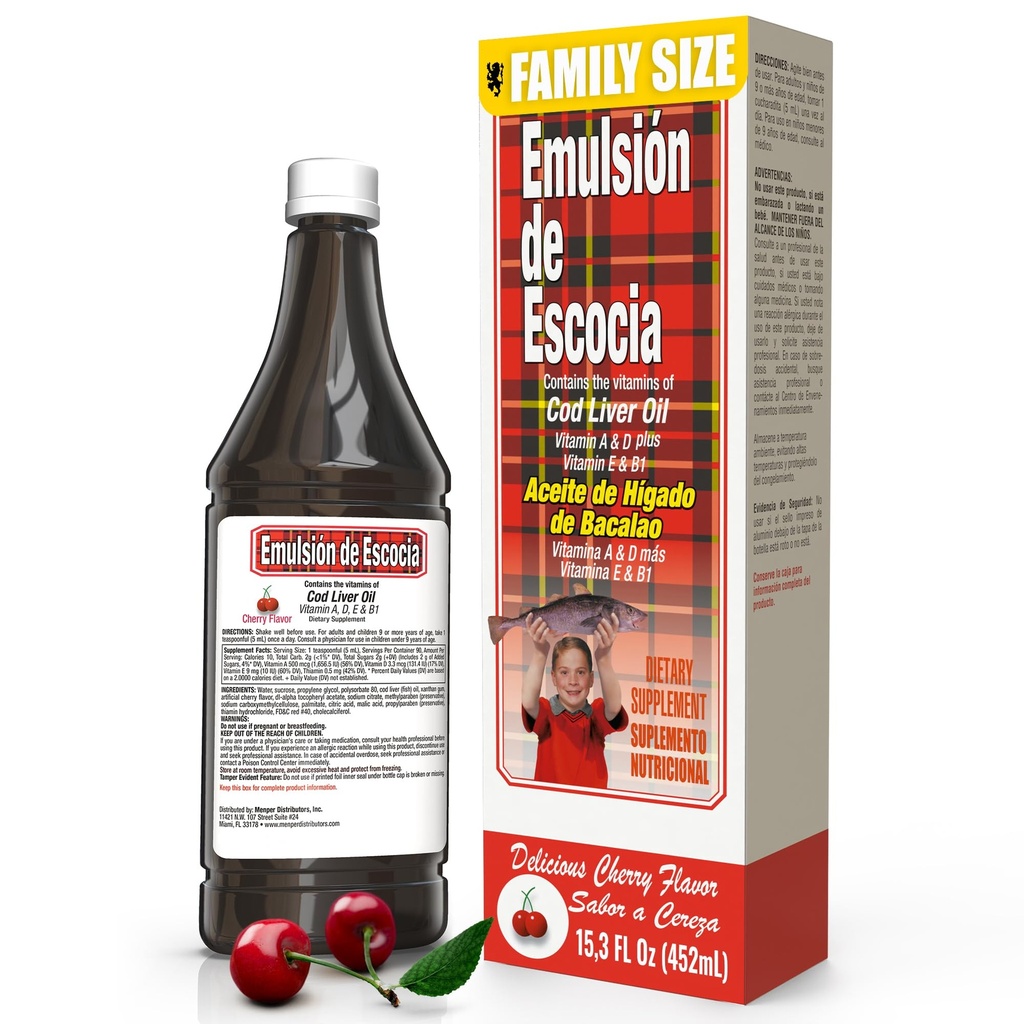 Emulsión de Escotia with Cod Jaterní Oil - Cherry Flavor - Vitamíny A, D, E & B1 for Immunication and Jaterní Supplementary - Liquid Supplement for Kids - 15.3 Fl Oz Auth124; 1-Pack