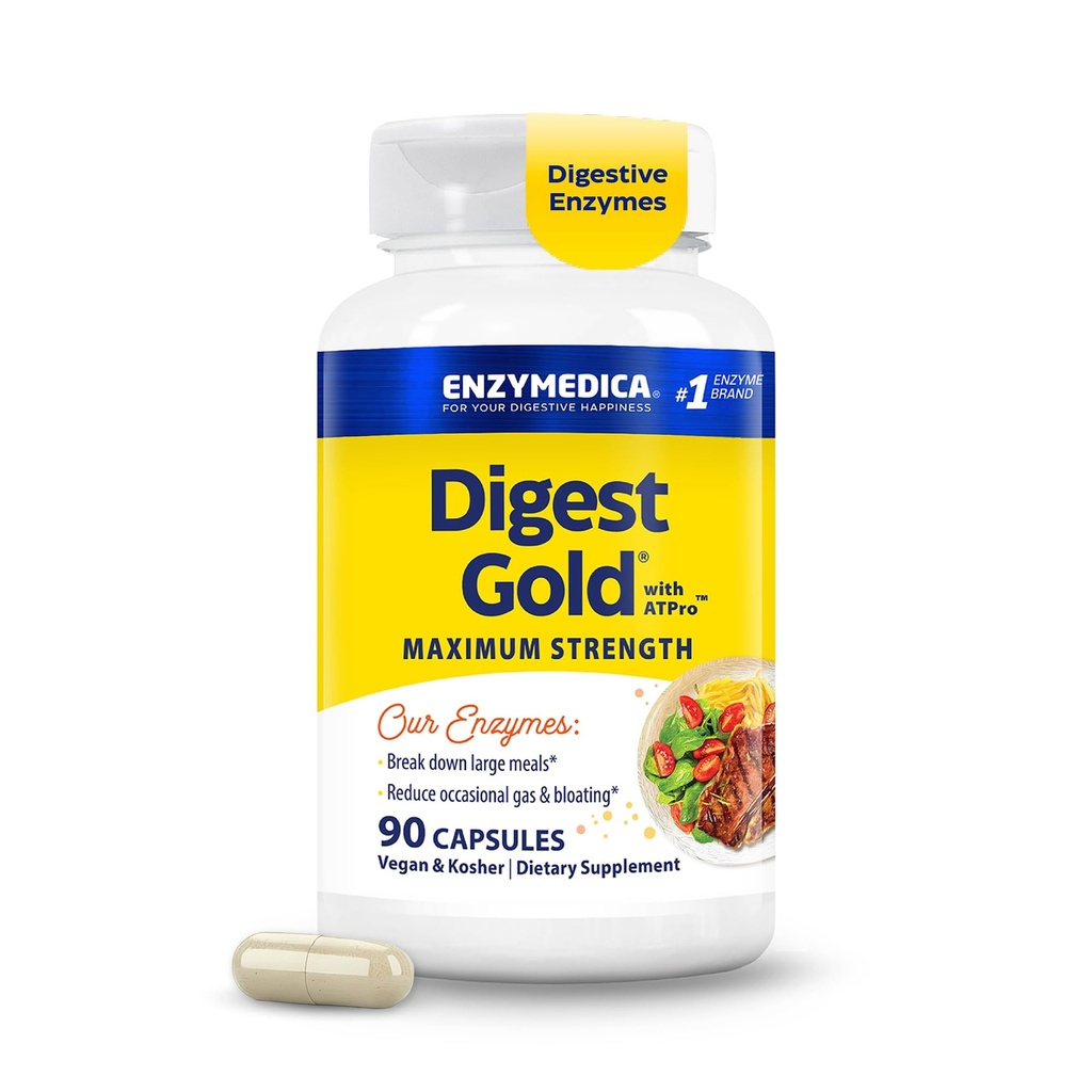 Enzymedica Digest Gold + ATPro, Maximální síla, Fast- acting, Pomáhá Digest Velké jídlo, pro nafouknutí a plyn, 90 Kapsle