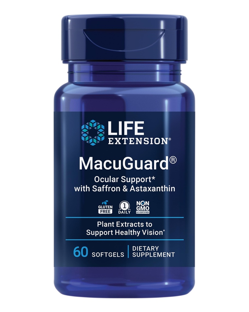 Life Extension MacuGuard Ocular Support with Saffron & Astaxanthin - Eye Health Supplement for Health Vision - with Lutein, zeaxanthin, Meso-zeaxanthin - Gluten- Free, Non-GMO - 60 softgels