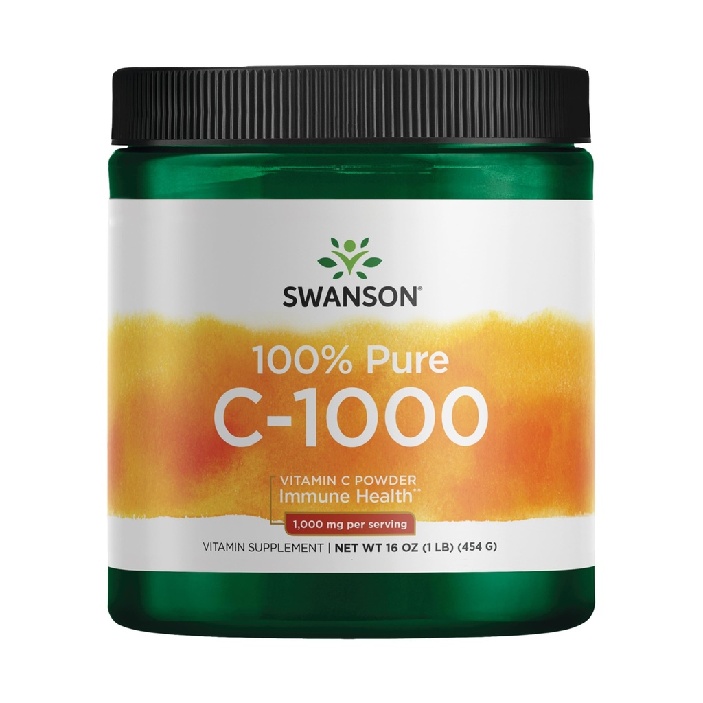 Swanson Vitamin C Powder 100% Čistá kyselina askorbová, Podpora imunitního systému, Zdraví kůže, Kardiovaskulární zdraví, Antioxidant dodatek 1000 mg (per Serving) 1 LB. 454 g