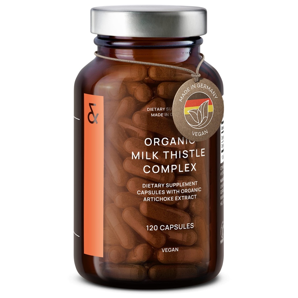 CLAV Organic Milk Thistle & Artichice Extract Complex - Bohatý na Silymarin & Bitters - Podpora jater + Detox dodatek - 120 Kapsle (60 dní dodávky) - Vegan - Made in Germany