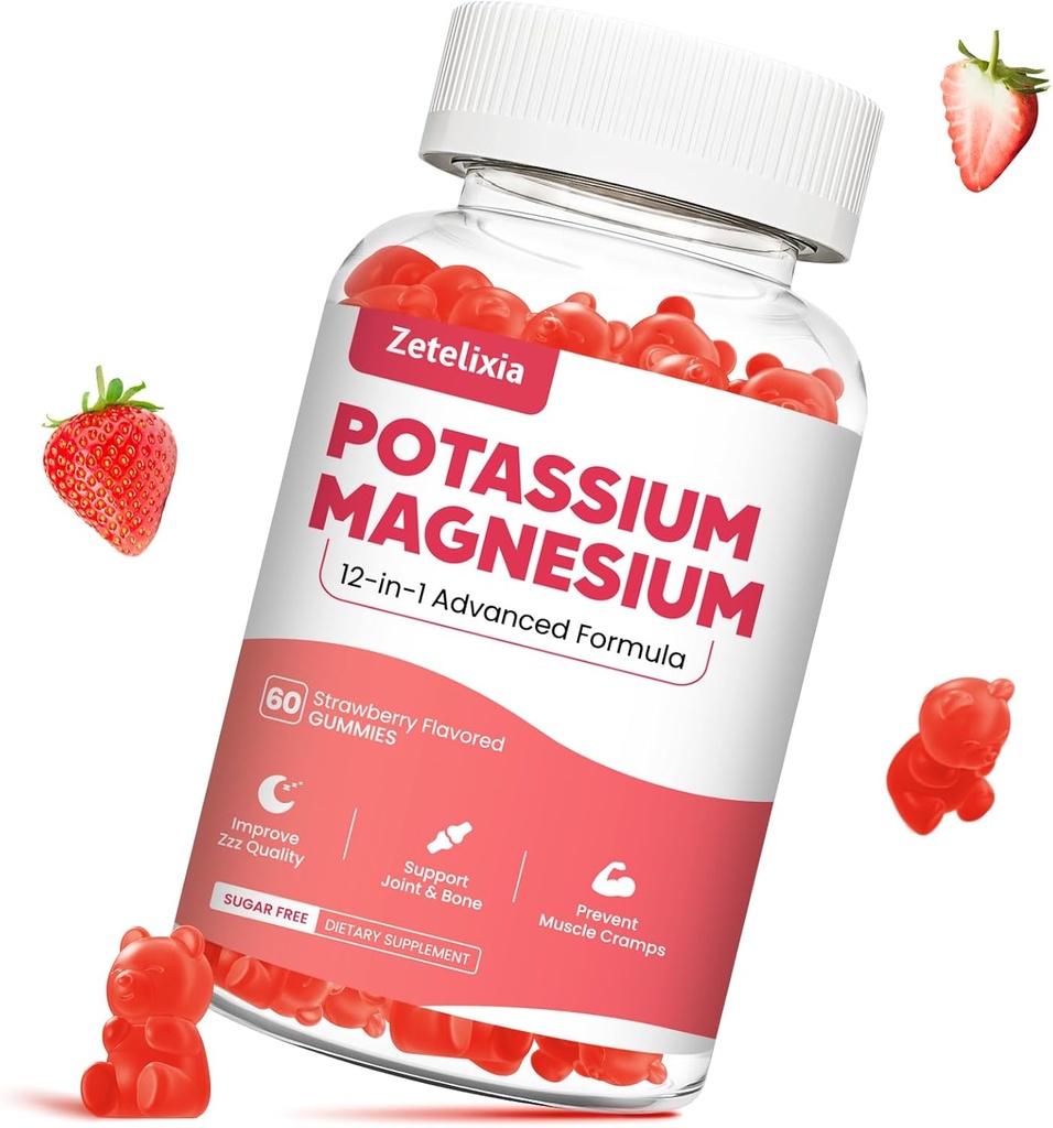 Draslík Magnesium doplněk gumy pro dospělé děti, Magnesium Glycinát & draslík Citrát, Plus Multivitamin, Omega-3 & Black Pepper, Leg křeče, Muscle & Heart Health, 60ct