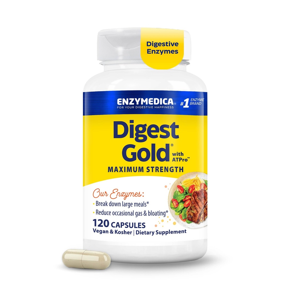 Enzymedica Digest Gold + ATPro, Maximální síla trávicí enzymy, Pomáhá Digest Velké jídlo, pro plyn a nafouknutí, 120 Kapsle