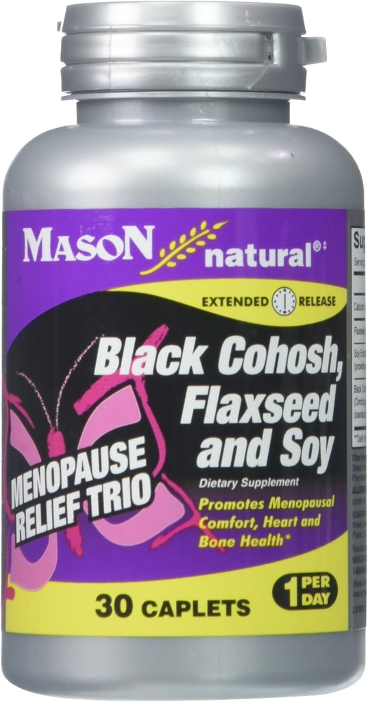 MASON NATURAL Menopauza Trio: Black Cohosh, Flaxseed, & Soy (rozšířené vydání) - Může zmírnit horké návaly & noční poty *, podporuje zdravé hormonální rovnováhy *, 30 Kaplety