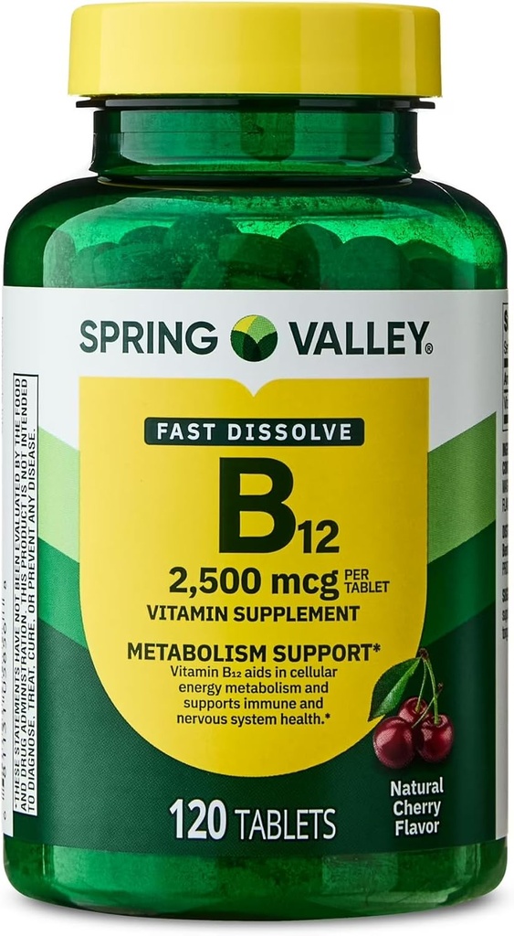 Jarní údolí, Vitamin B12 2500 MCG, B12 Quick-Rozpusťte Cherry Flavor Tablety Dietní dodatek, Vitamin B12, 120 Počet - Nový vzhled (balení po 1)