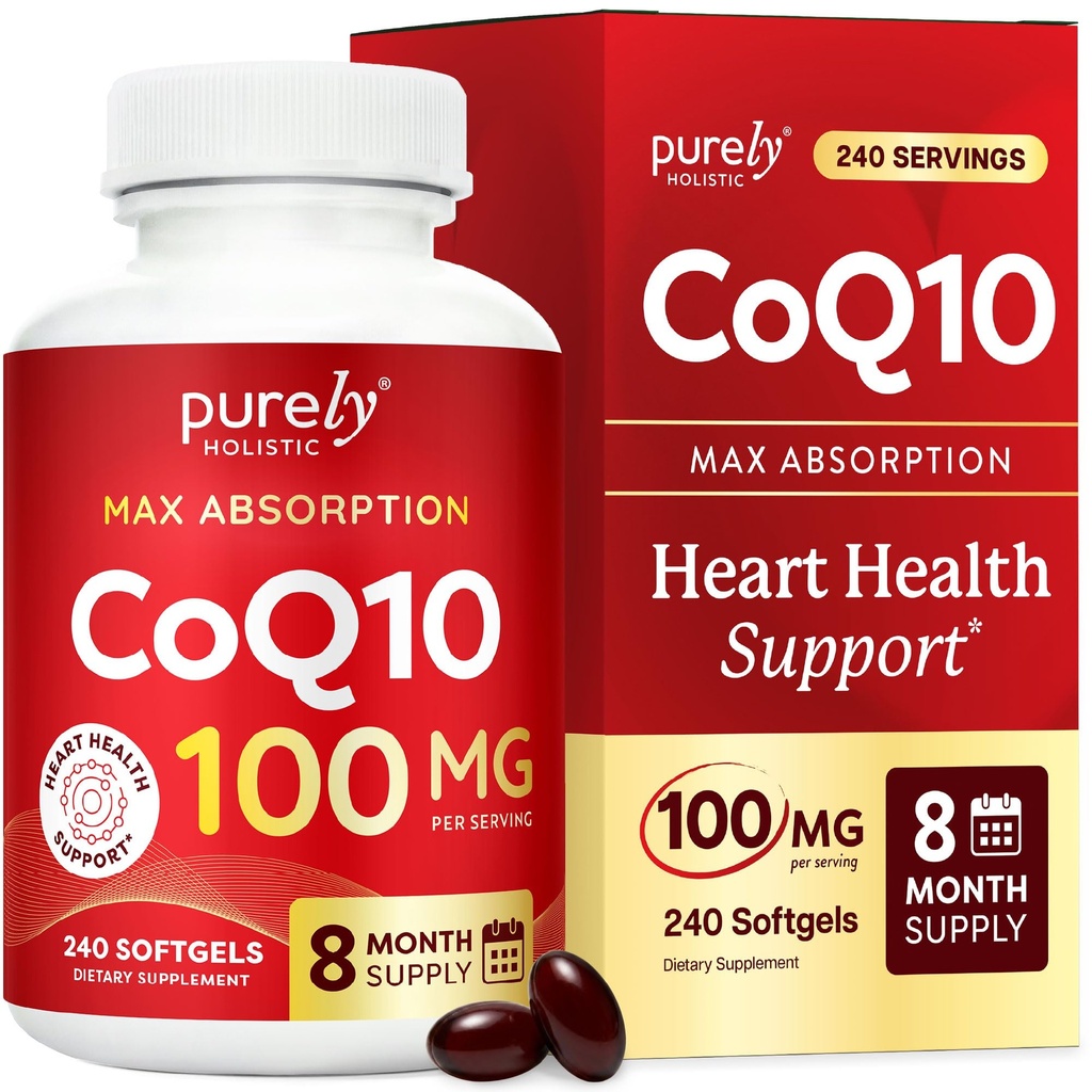 Čistě holistický CoQ10 100mg - 240 SoftGels - 8 měsíční dodávka - Ubiquinon Coenzym Q10 dodatek - s organickým olivovým olejem - Soy Free Co Q 10 - Made in USA