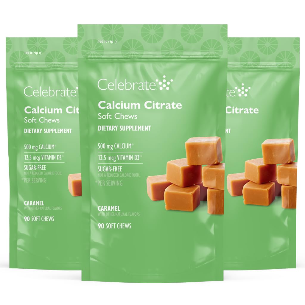 Oslavte vitaminy Bariatric 500 mg vápníku Citrát měkké žvýkačky s 500 IU vitaminu D3 - esenciální pro gastrické bypass pacientů & zdraví kostí - cukr & gluten zdarma, karamel (270 Žvýkání)