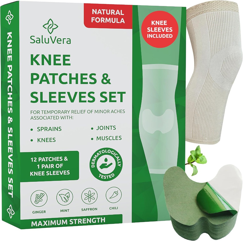 Ohřívání bylinných kolenů Záplaty s 2 Kompression Sleeves - Self- Topení Relief Patches pro muže a ženy, Přírodní přísady pro Soothing Support (12 Patch + 2 Kompression Sleeves)