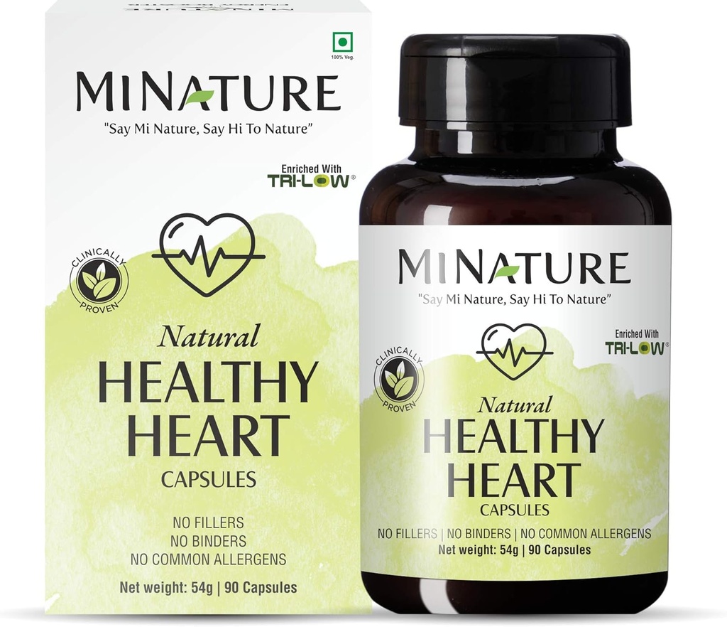 Minature Zdravé srdce Kapsle obohacené TRI- Low by mi Nature Capsule 124; 90 Veg Kapsle CUP124; 45 Day Supply CUP124; 1000mg CUP124; TRI Low, Amla Extract, Česnek Extract, Arjuna Extract CUP124; Made from Indian Herbs