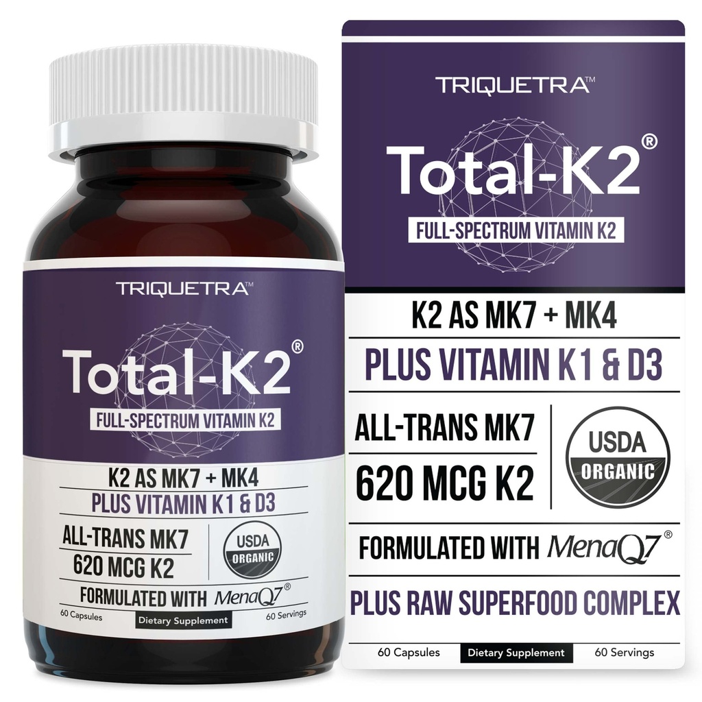 Total K2 ® IR 124; Vitamin K2 jako MK7 & MK4 IR 124; Plus K1 & Vitamin D3 Kofaktor - 620 mcg K2 per Serving - All- Trans MK7 from MenaQ7 ® - Full- Spectrum Vitamin K - Vegan, Organic Certified (60 Kapsle)