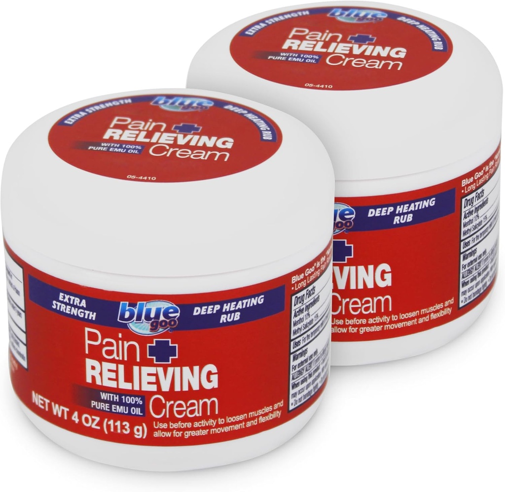 Modrá Goo Maximální síla bolest Relieving Cream - Hluboký ohřev Rub pro záda / krk, Sportovní svalů / klouby, Sprains, Bursitis, Strains - 2 balení po 4 oz, Vyrobeno se 100% čisté emu olej