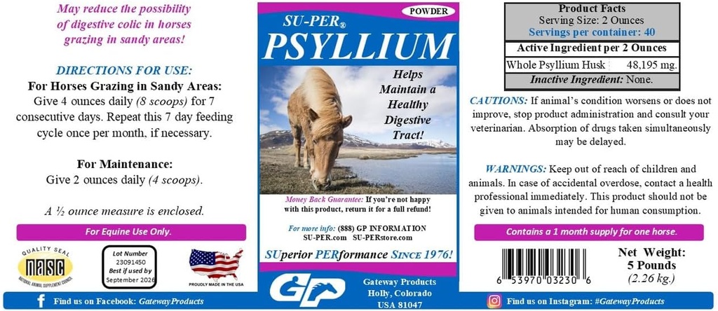 Su-PER Psylium Horse Digestion Dodatek - Udržuje zdravý trávicí trakt v koních - Podporuje odstranění písku a špíny ze střevní trakt - 5 Pound, (2 Pack)