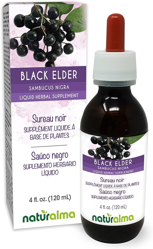 Naturalma Black Elder (Sambucus nigra) Květiny (Elderflower) a ovoce (Elderberry) Alkoholické-Free tinktura - 4 fl oz Liquid Extract in Drops - Bylinný dodatek - Vegan