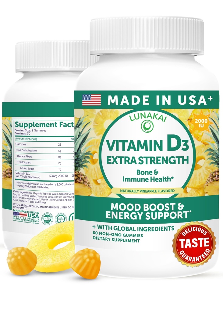 Lunakai USA Made Vitamin D3 Gummies 2000 IU - Non- GMO, gluten- Free Vitamin D Gummies for Women & Men - Bone, Imunity & Energy Support, 60ct
