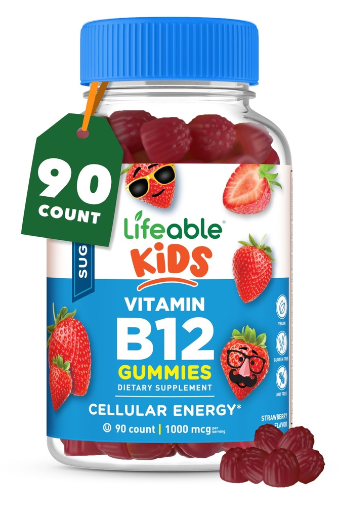 Lifeable Sugar Free Kids Vitamin B12 Gumy 124; 1000 mcg Gumy 124; Great Ochutnávání B12 Vitamíny pro děti Vitamíny pro děti 124; Energie, Mood, a Metabolismus Podpora 124; B 12 Vitaminové gumy pro chlapce a dívky 124; 90 Gumy