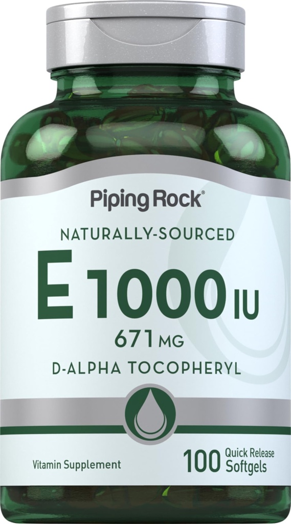 Piping Rock Vitamin E 1000 IU Softgel Kapsle 124; 671mg IR 124; 100 pilulek IR 124; D- Alpha Tocopheryl dodatek IR 124; Non- GMO, gluten zdarma