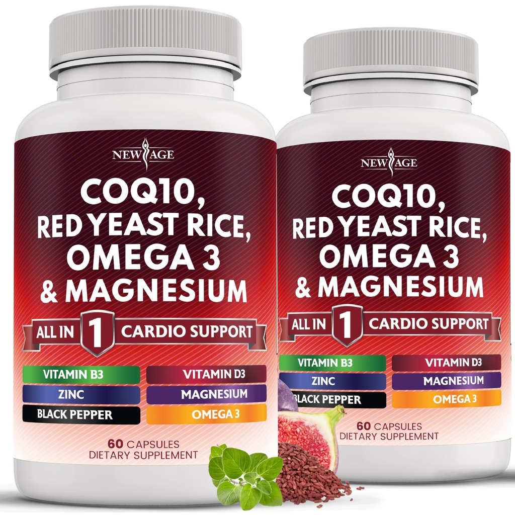 NEW AGE COQ10 200mg Červená kvasinková rýže 3000mg Omega 3- 6- 9 3000mg komplex hořčíku 500mg zinek Vitamin K2 D3 - Vitaminy pro ženy a muže s vitaminem B3, Koenzym Q10- 120 Počet