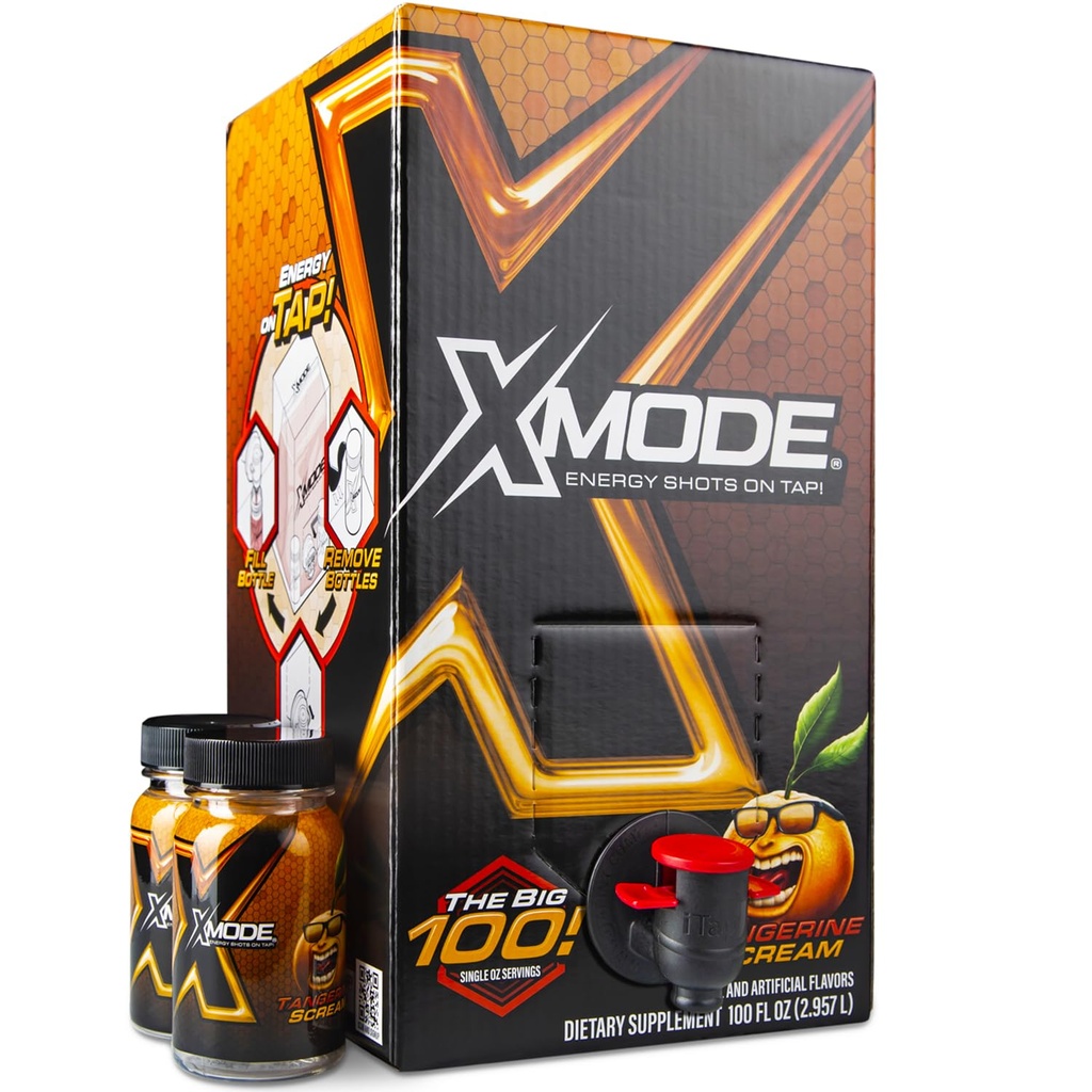 XMODE Extra Energy Shots on Tap - Tangerine Flavor, Sugar Free, 150mg Caffeine per oz, B12, 100 (1oz) Servings, Dipenser with 2 Refillable Bottles