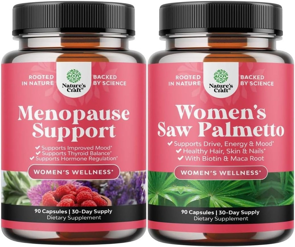 Bundle of Menopauza dodatek pro horké záblesky s Dong Quai Vitex Chaste Berry & Black Cohosh & Extra Strength Saw Palmetto pro ženy 500mg - DHT Block Vlasy Loss dodatek s Maca Root & Biotin