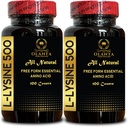 L- LYSINE 500 - aminokyseliny vitamin dodatek, menopauza doplňky energie pro ženy, zdarma forma doplněk aminokyselin, Promotes integrity kůže a rtů - 2 láhve 200 Počítá