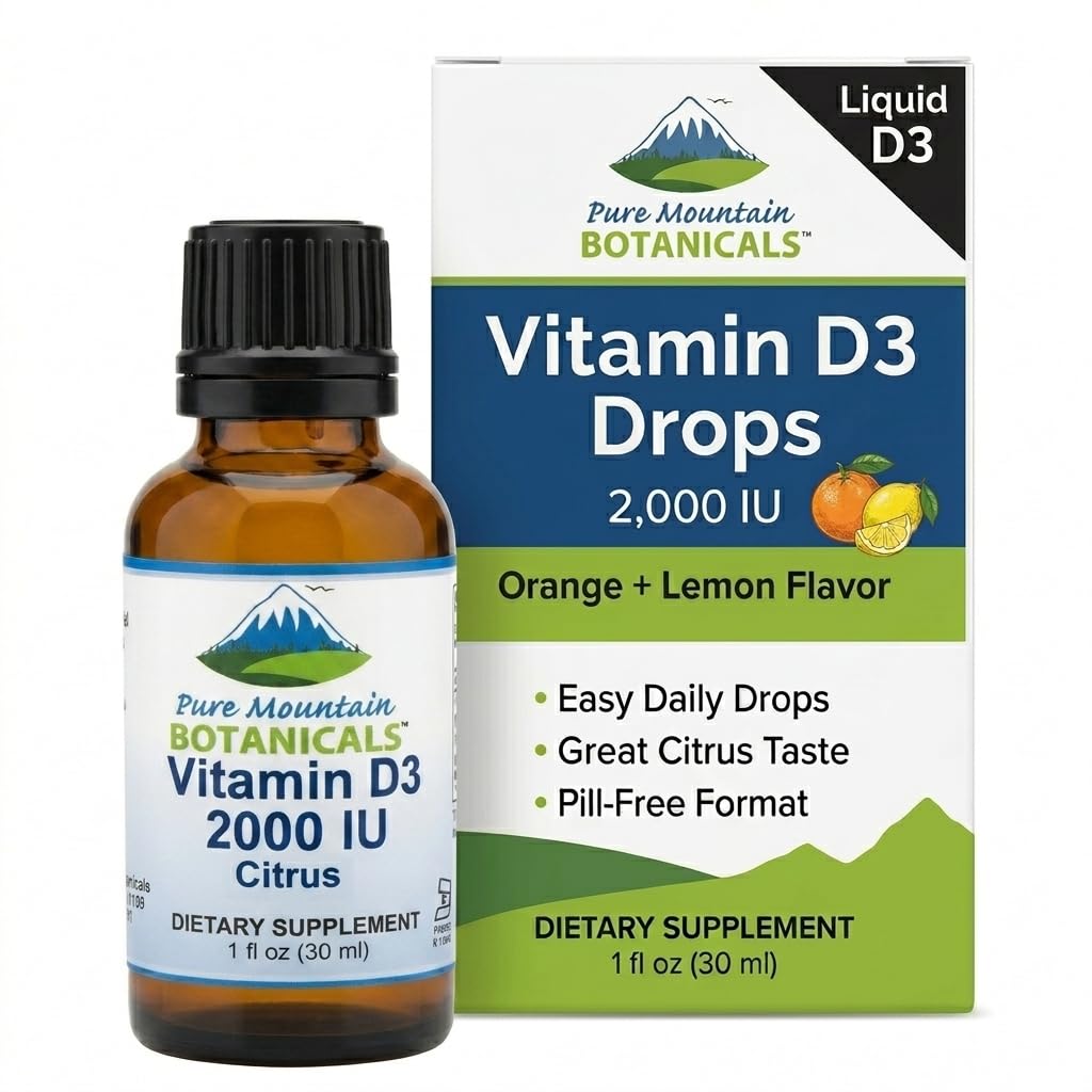 Čisté horské botaniky Ochucené vitamíny D Kapky - Oranžová a citronová ochucená tekutý vitamín D3-2000iu per Serving - 1oz Lahvička