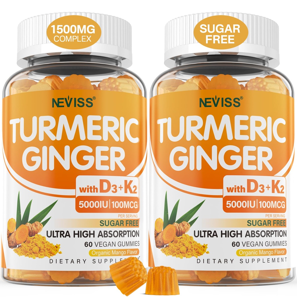 Cukrovinky bez kurkumy Gummies s 5000 IU vitaminu D3 & K2 (MK7), C - Veganské kurkuma doplněk gumy pro dospělé 1500mg s Black Pepper, podporuje kosti, imunitní a stravitelné zdraví - 120 Cts
