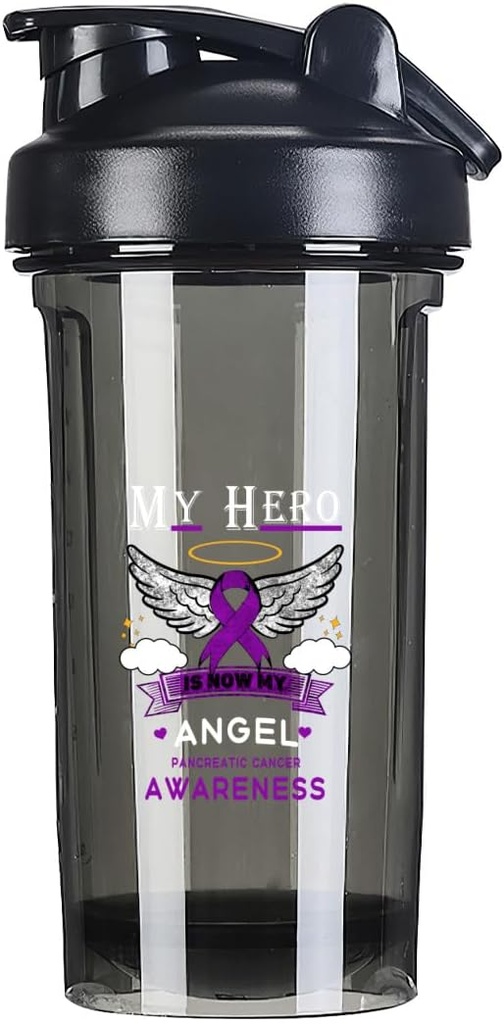 Můj hrdina je nyní můj Angel Pancreatic Cancer 18 Ounce Shaker láhev nápoj Leak- proof pre cvičení protein třese stravu náhrady třese láhve 500ML / 18 Oz černá
