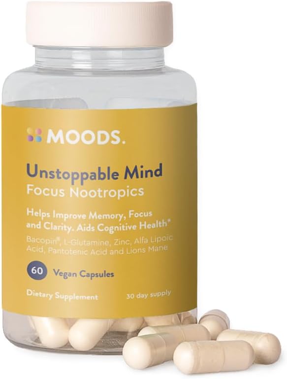 Moods CLAS124; Nezastavitelné mysli CLAS124; Focus Nootropics CLAS124; Boost Energy and Mental Agility, Paměť, Koncentrace CLAS124; Bacopin, L- Glutamin, Lví hříva, kyselina alfa-lipoová, Pantotenová kyselina CLAS124; 60 Veganových kapslí