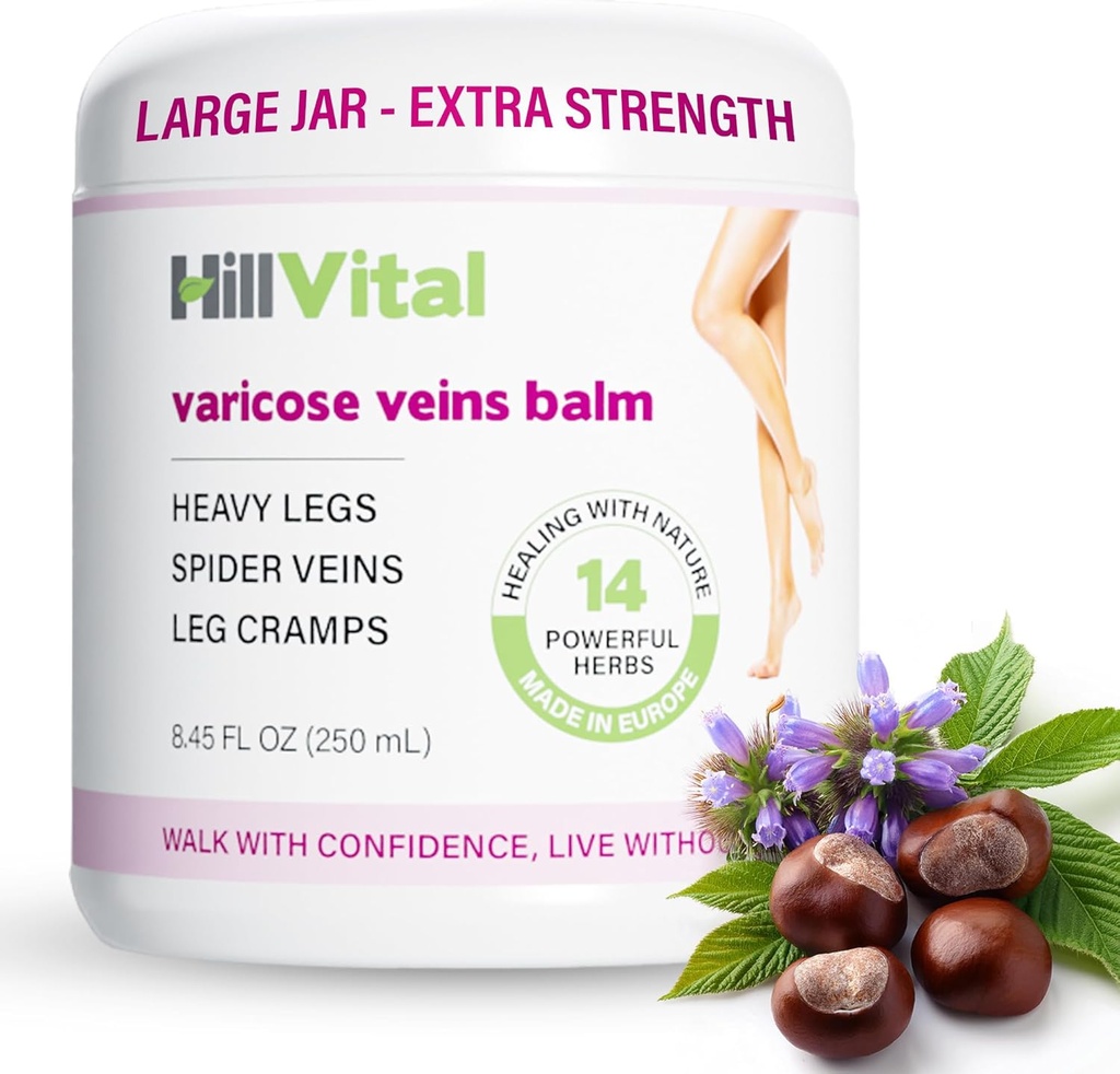 HillVital Varicosa Veins Léčba nohou, přírodní Varicosa Vein Cream & Spider Vein Léčba nohou a jiné části těla, Premium Horse Chestnut Cream pro Pufed Veins, Infused s 14 Byliny