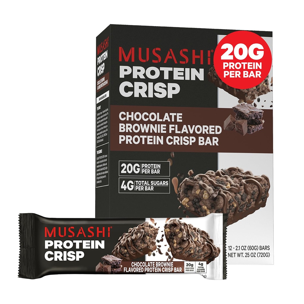 MUSASHI Protein Crisp Bar, 20g Protein, 4g Celkem Sugars, Chocolate Brownie, Post Workout a Snack On The Go, 12 Pack of 2.1oz (60g) Bary