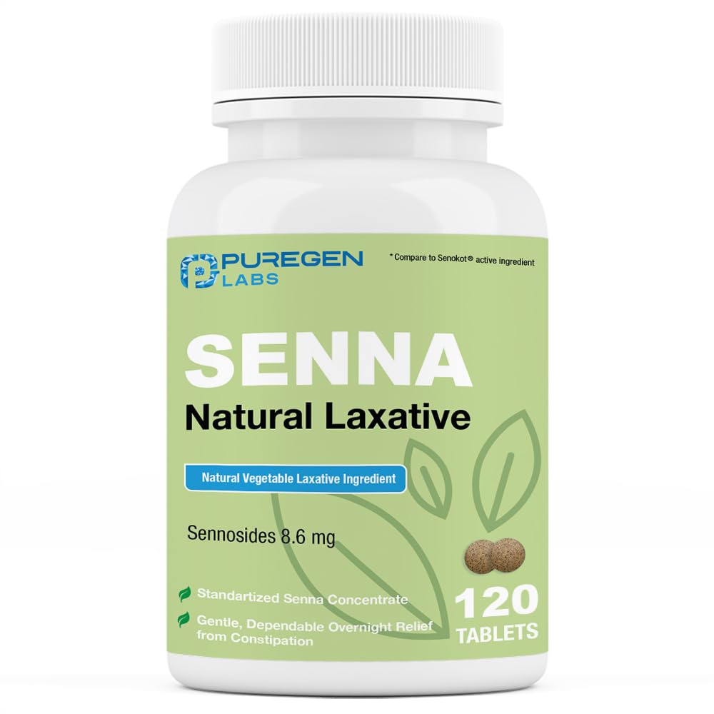 Puregen Labs Senna 8.6 mg Tablety (120 Počet) - Přírodní Sennosids Zeleninové Laxativní pro zácpu, nafouknutí, plyn, nepravidelnost Relief