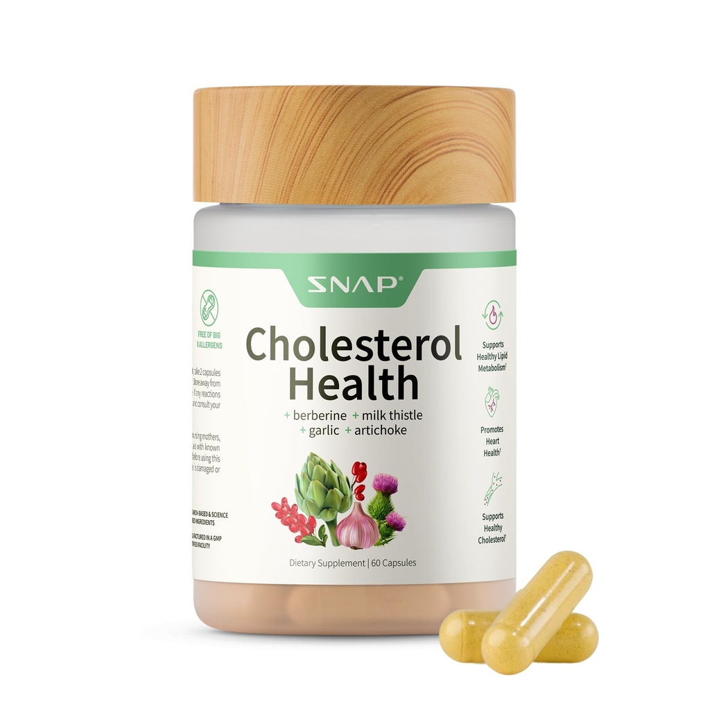 Snap doplňky Cholesterol zdraví - Přírodní podpora pro srdce, játra, stravovací a metabolické zdraví, 60 Vegetariánské Kapsle (30 Služení, 1 měsíc dodávky)