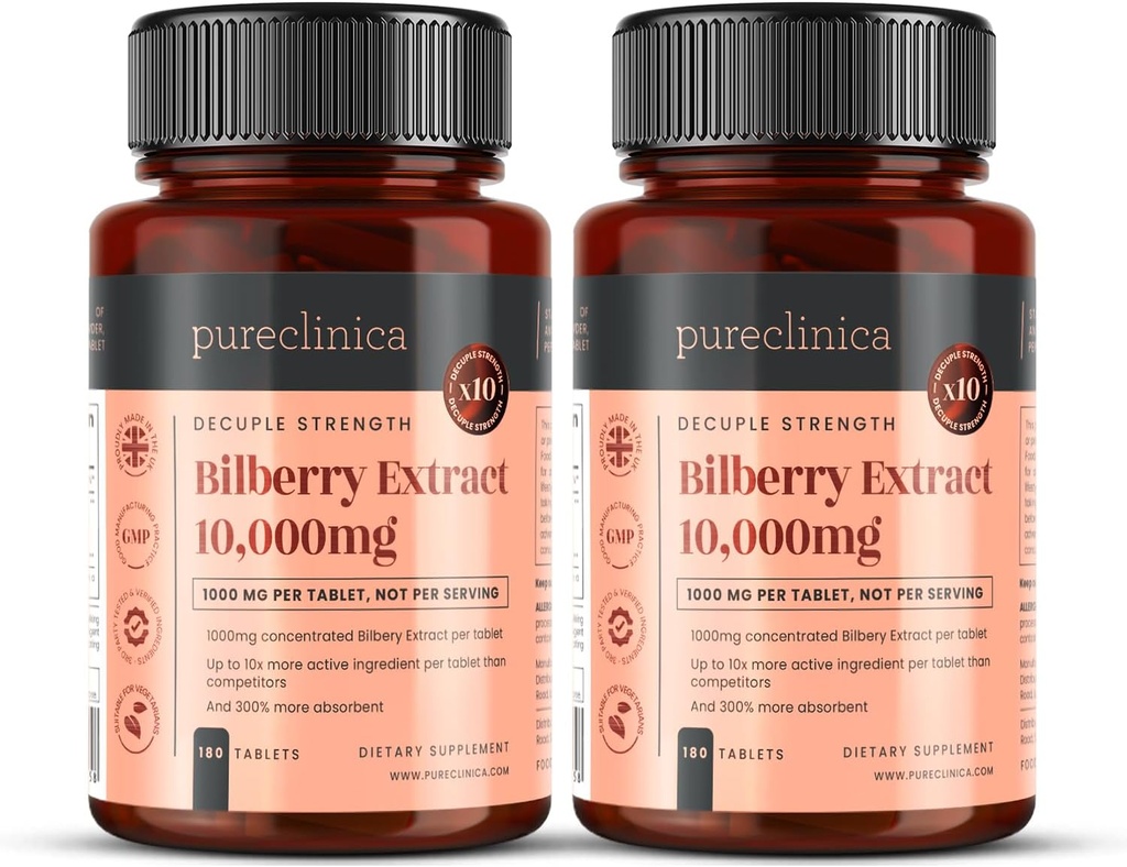 pureclinica Bilberry Extract 10,000mg x 360 tablet (2 lahvičky) - 10 x více anthokyanidinů na tabletu než většina ostatních - a 5mg Black Pepper Extract pro 300% zvýšení absorpce