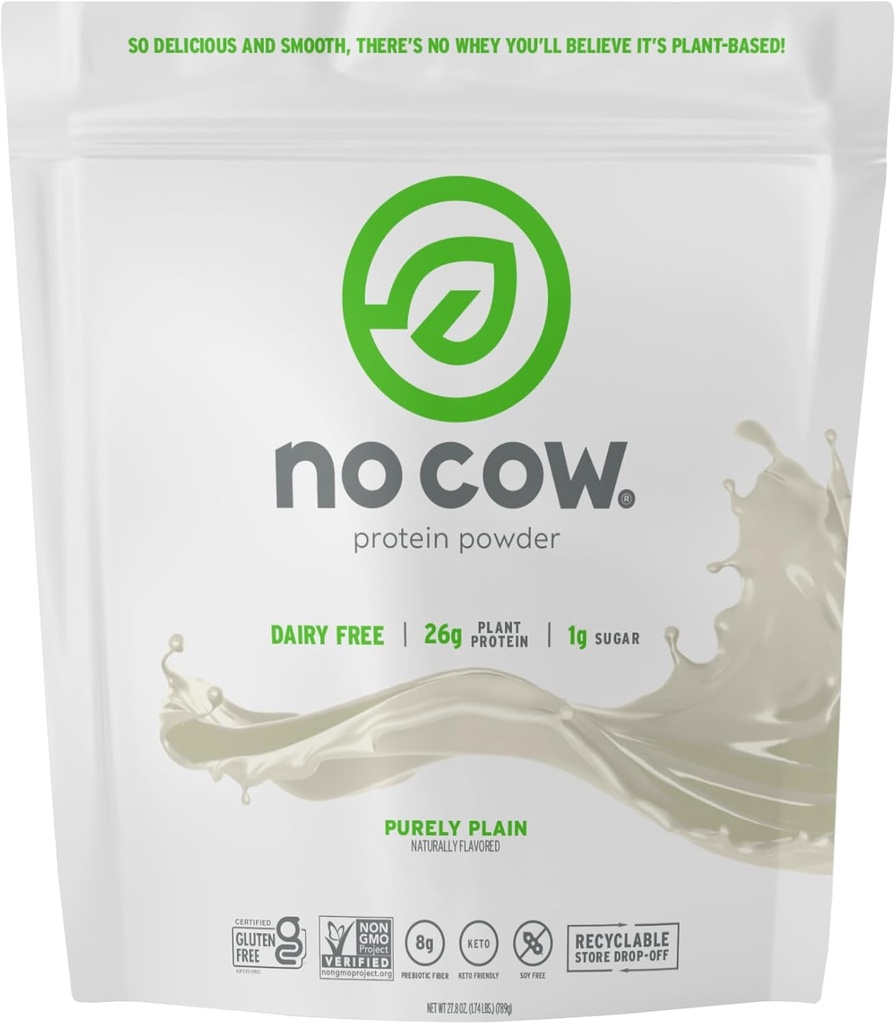 No Cow Vegan Protein Powder, Purely Plain, 26g Plant Based Protein, Recyclable Bag, Dairy Free, Soy Free, No Sugar Addited, Keto Friendly, Gluten Free, Přirozeně Sweeced, Non GMO, Kosher, 1.74 Pound