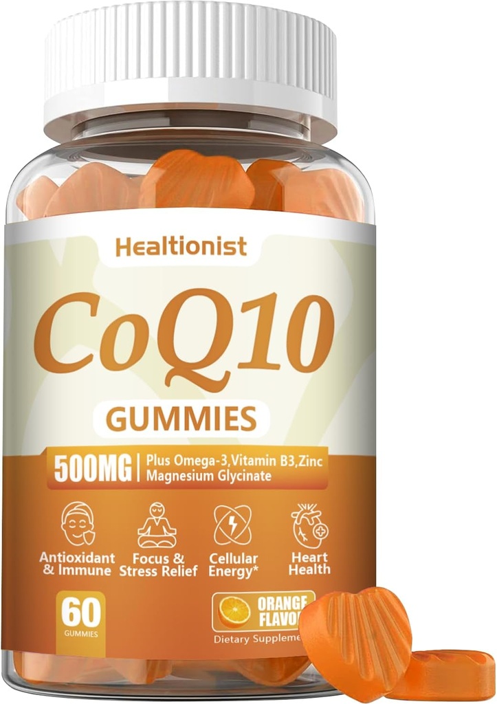 1 balení 500MG Coq10 Gummies - 3X Lepší absorpce, Plus Omega-3, hořčík, vitamin B3 & zinek - Coenzym Q10 doplňky pro srdeční zdraví, buněčná energie a antioxidant, Vegan, 60 Counts